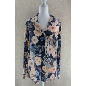 Johnny Was Womens Floral Pajama Top Large Pima Cotton Modal Blue Long Sleeve PJ